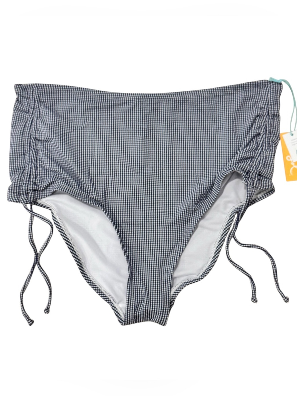 NWT Kona Sol High Waist Ruched Side Tie Bikini Bottom Navy Blue White Gingham L